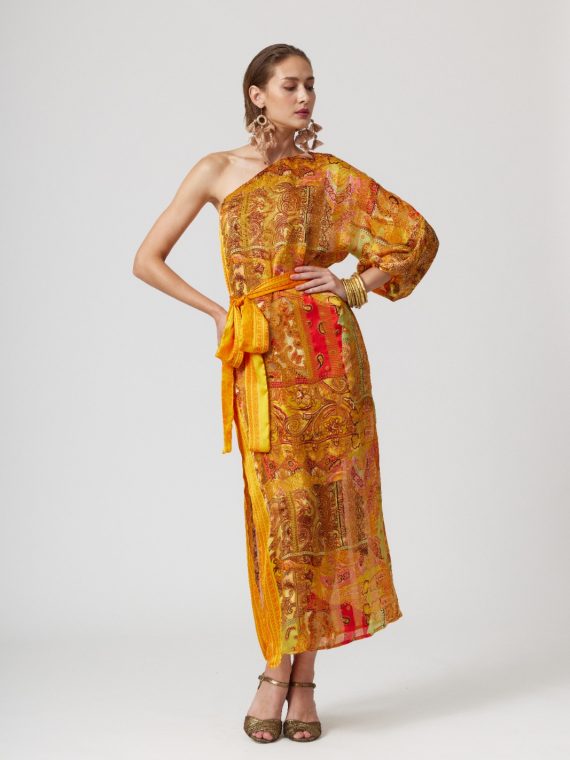 Simone Irani – Gloria – Sari One Shoulder Wide Sleeve Dress – Liquid Gold 3