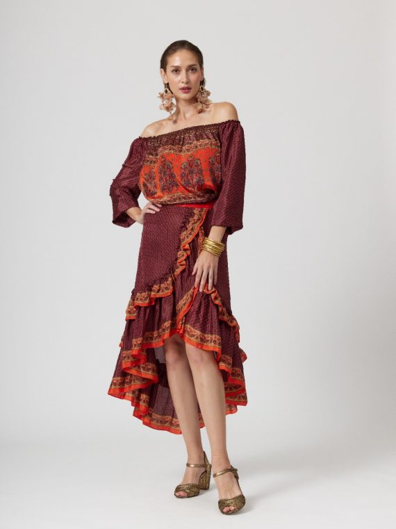 Simone Irani – Rosario Set -Sari Ruffle Skirt with Off Shoulder Top – Deep Coral 1