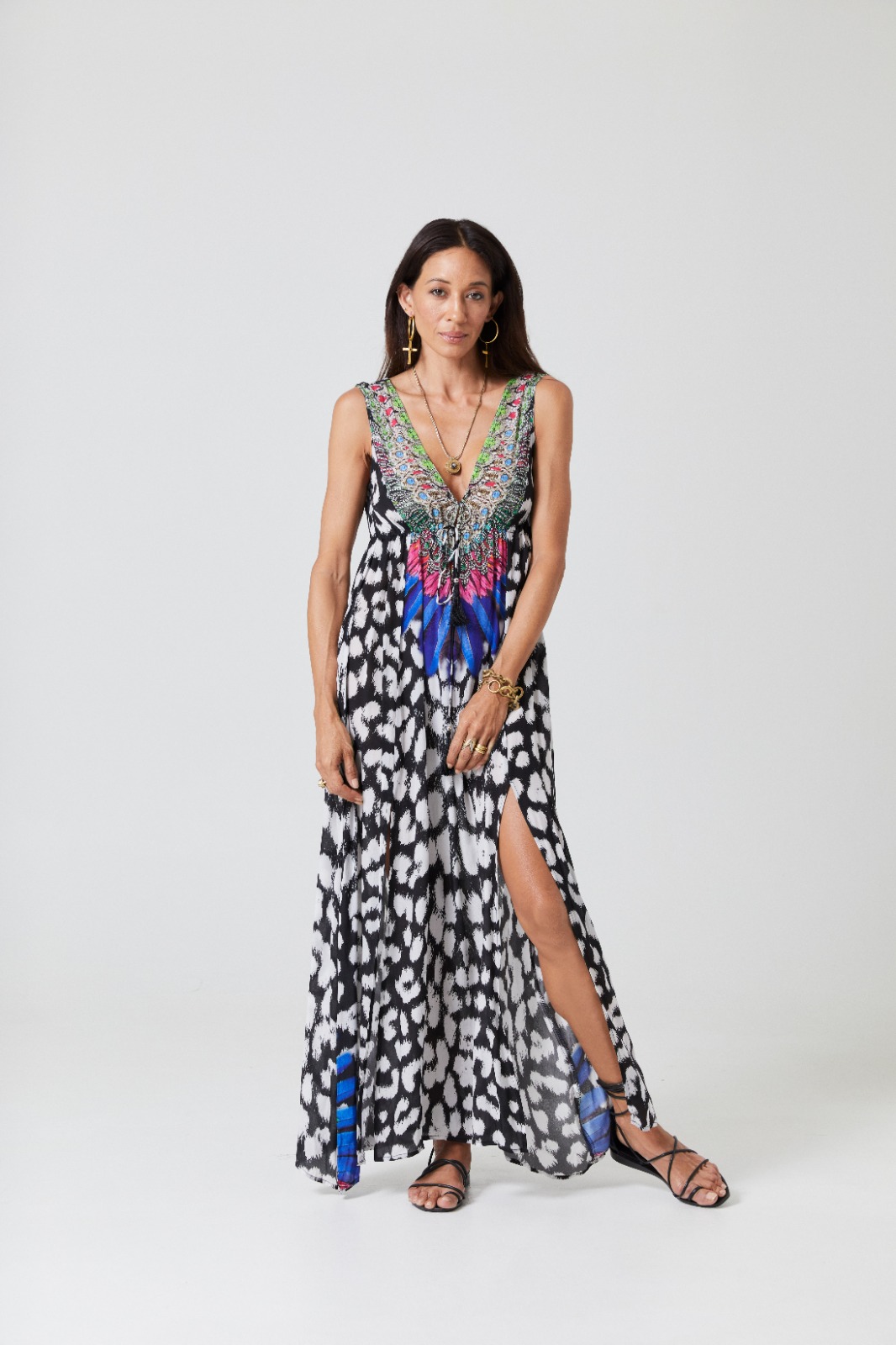 SIMONE IRANI – SHEA, SLIT MAXI DRESS_ MIX TRIBAL